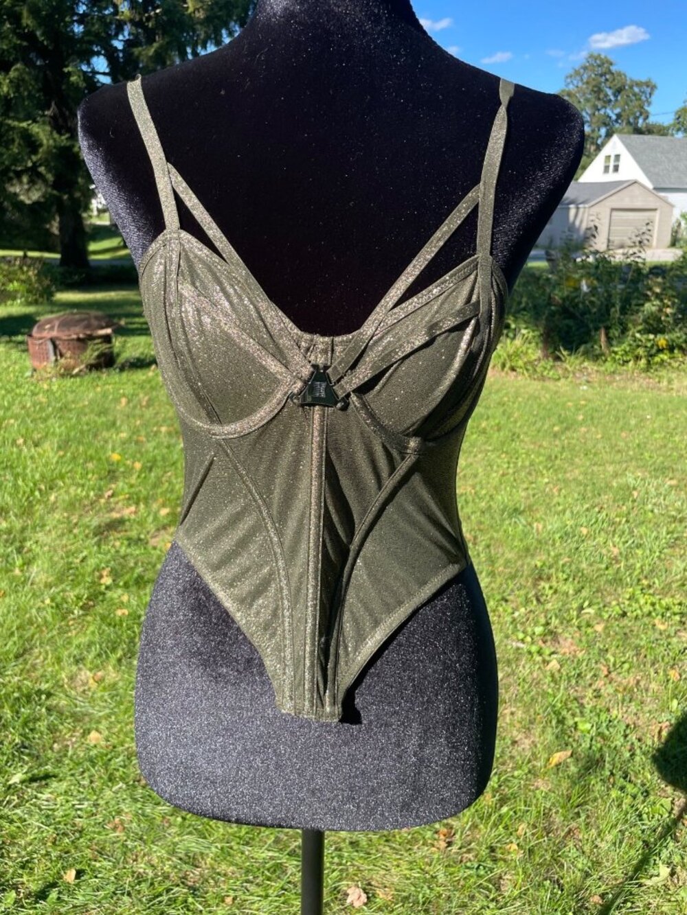 Savage X Fenty Corset Bustier Olive Green Mesh Metallic S Sexy Festival Concert